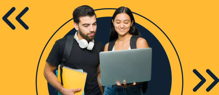 ​Dos estudiantes de carreras técnicas revisan laptop para realizar trabajos de investigación​